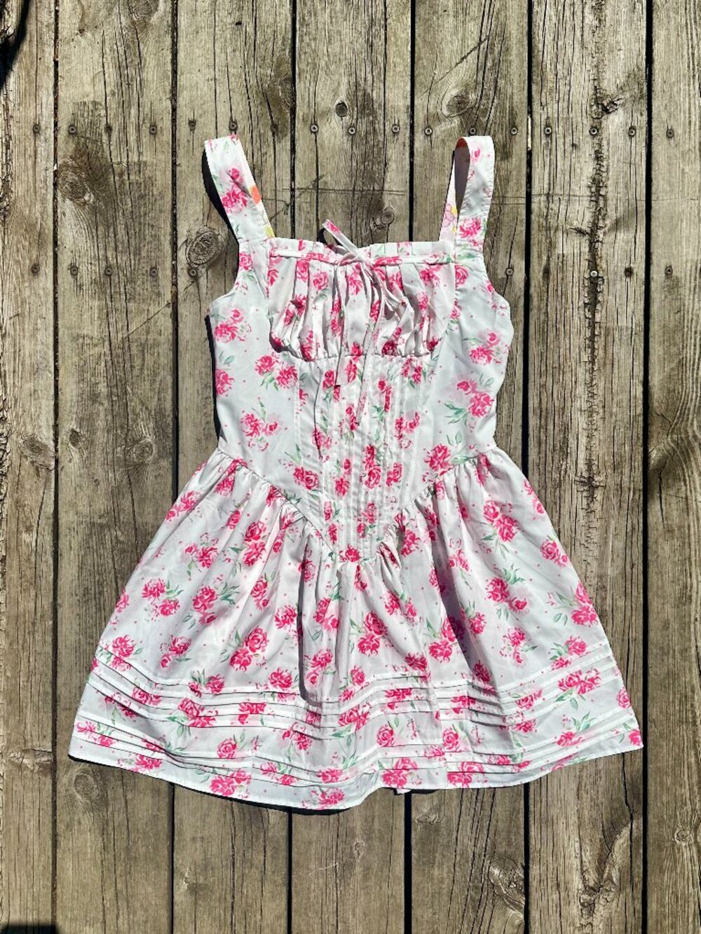 Romantic Cottagecore Dress White with Pink Roses - Women S